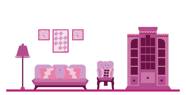 一套粉红色的家具和配件的客厅舒适的玩具屋插图在一个平坦的卡通风格。图片下载