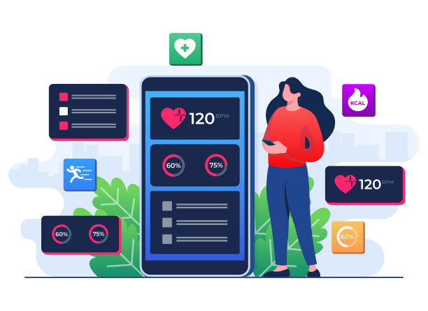 数字健康概念平面插图矢量模板，监测心率在智能手机，健身追踪移动应用程序图片下载