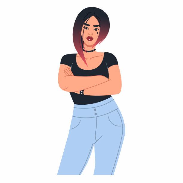 一位外表不正式的年轻漂亮女子站着，双臂交叉在胸前图片下载