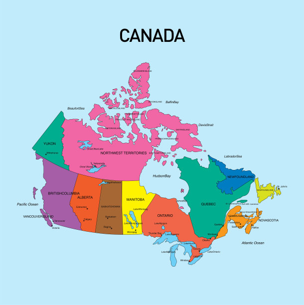 加拿大地图，每个省都有颜色。图片下载