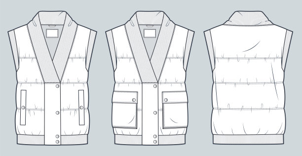 羽绒服背心技术时尚插图。羽绒背心大衣与罗纹装饰时尚平面技术图纸模板，口袋，纽扣，前后视图，白色，女性，男性，男女通用CAD模型集。图片下载