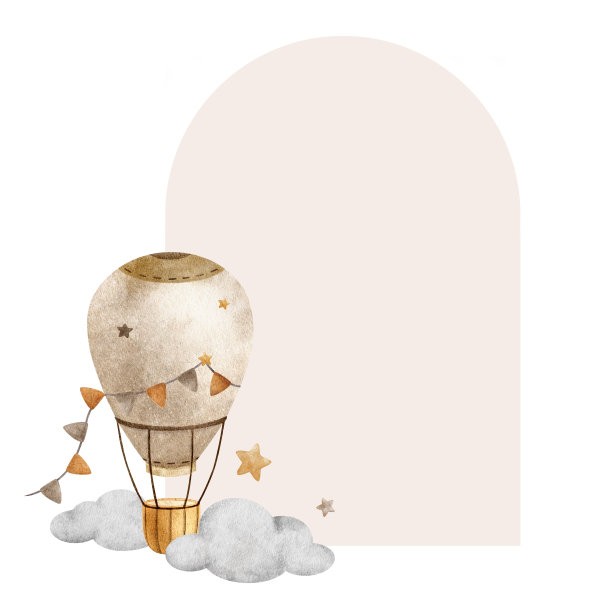米色热气球，云和星星。儿童背景与婴儿飞机。可爱的水彩孤立框架的儿童用品，明信片，婴儿淋浴和儿童房图片下载
