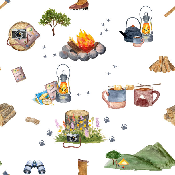 水彩露营用相机无缝图案隔离在白色上图片下载