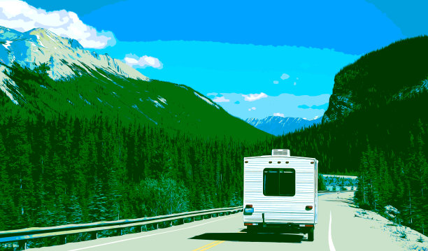 加拿大班夫国家公园落基山脉冰原公路上房车的版画风格图片下载