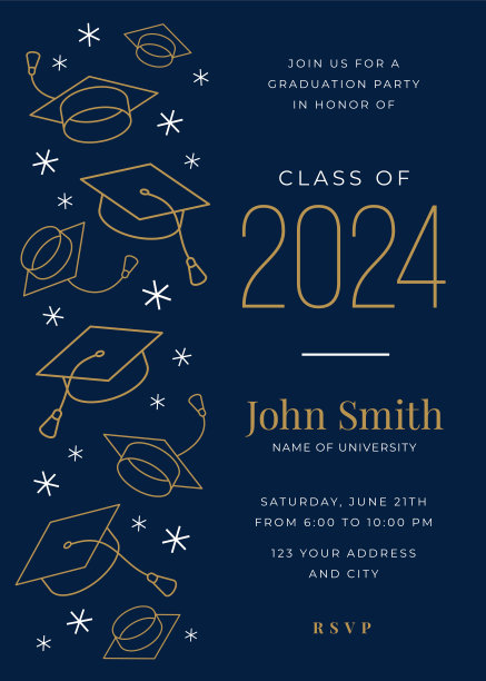 矢量插图的毕业派对类2024邀请设计模板与图标元素。图片下载