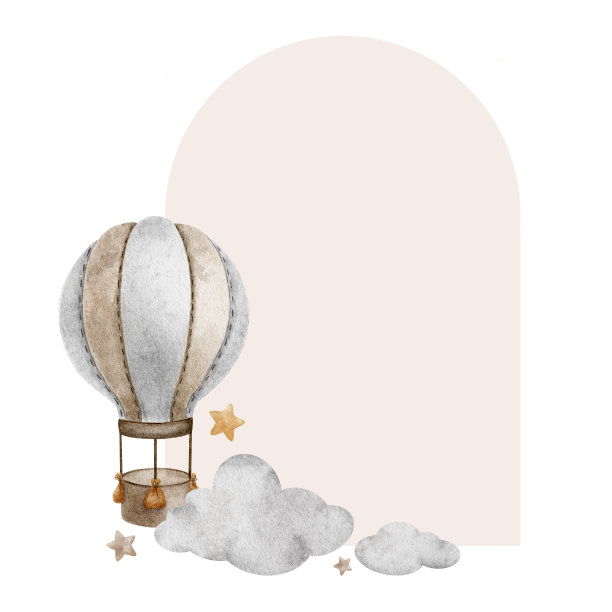 米色热气球，云和星星。儿童背景与婴儿飞机。可爱的水彩孤立框架的儿童用品，明信片，婴儿淋浴和儿童房图片下载