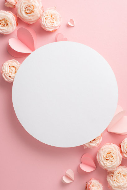 在这个妇女节，让你优雅的伴侣成为聚光灯下的焦点!俯视图垂直照片精致的玫瑰和可爱的心安排在柔和的粉红色背景。空白的圆圈里是深情的话语或广告图片下载