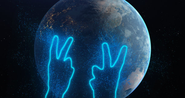 双手蓝色的剪影显示和平，第二，胜利的标志在太空中缩放在行星地球旋转，星星。抽象，3d渲染，霓虹发光的线条和粒子使用美国宇航局的地球照片图片下载
