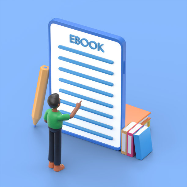 电子书的概念。3D插图英俊的非洲人大卫站在书在屏幕前的移动平板电脑。平面3D风格。图片下载