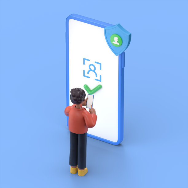 人脸识别概念设计。3D插图非洲裔美国妇女可可可以用于网页横幅，信息图表，英雄形象。平面等距三维插图孤立的蓝色背景。图片下载