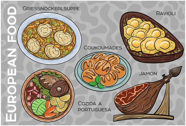 受欢迎的西欧和中欧食品套装。手绘和矢量。图片下载