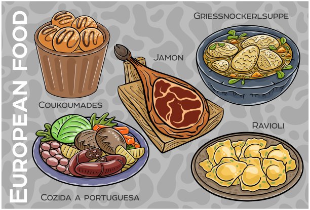 受欢迎的西欧和中欧食品套装。手绘和矢量。图片下载