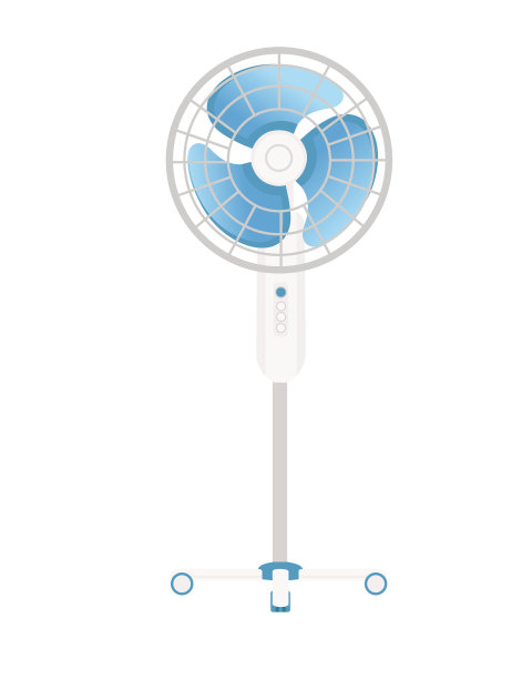 白色和蓝色家用电风扇与车轮矢量插图孤立在白色背景上图片下载