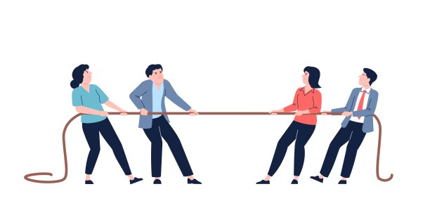 办公室的人在拉绳子。企业斗争比喻，孤立企业工人竞争。人物在工作战争，最近的矢量场景图片下载