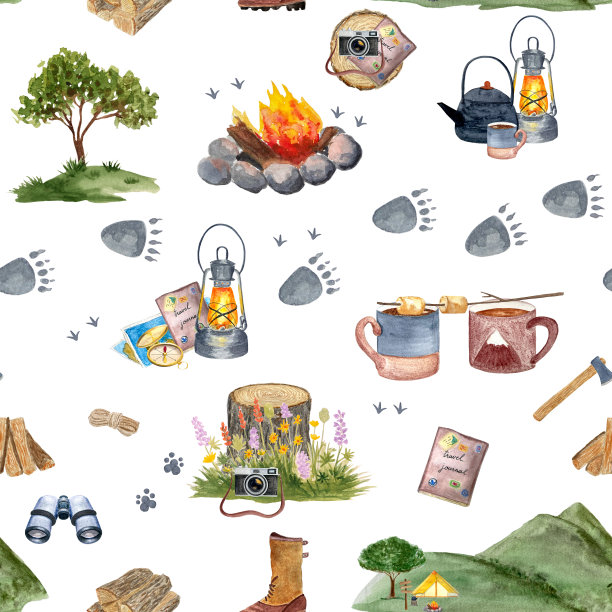 水彩探险露营无缝图案图片下载