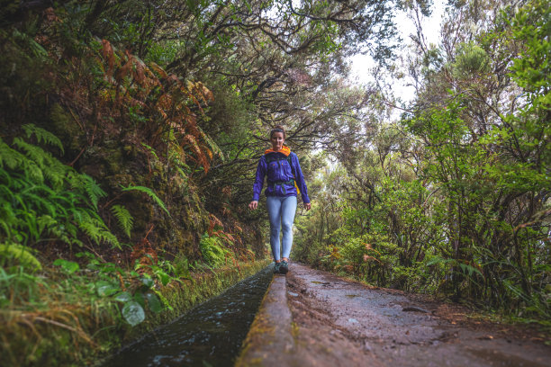 一个下雨天，女游客背着背包在穿过森林的水道小路上的低角度照片。25丰特斯瀑布，马德拉岛，葡萄牙，欧洲。图片下载