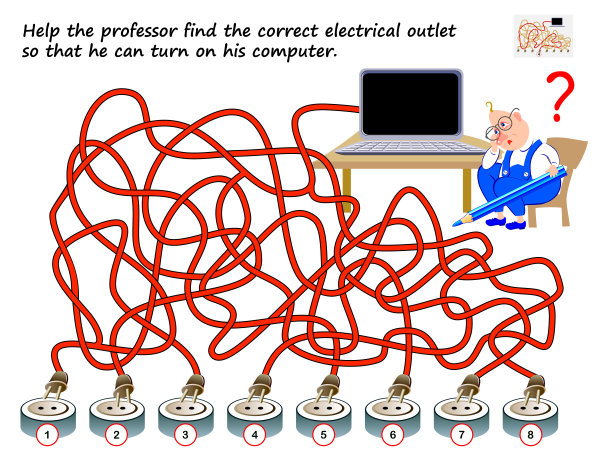 逻辑益智游戏与迷宫为儿童和成人。帮助教授找到正确的电源插座，这样他就可以打开电脑了。儿童迷宫工作表脑筋急转弯书。图片下载
