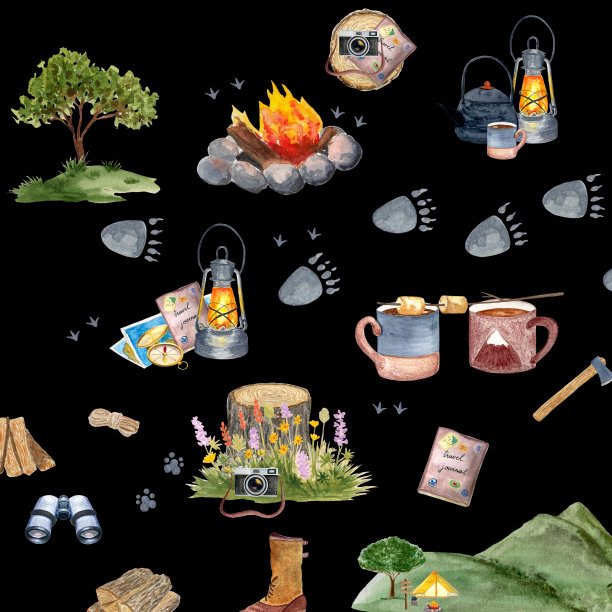 水彩探险露营无缝图案图片下载