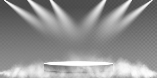 透明背景下的黑暗舞台，聚光灯下的霓虹灯，空荡荡的黑暗舞台和漂浮着烟雾的演播室。查看产品演示图片下载