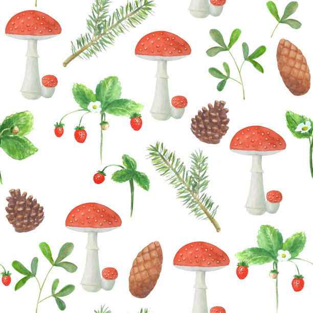 无缝图案与毒伞菌，松枝，云杉，草莓，球果图片下载