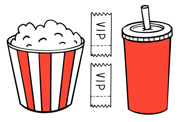 爆米花，苏打水，门票。手绘卡通插图的爆米花桶-电影院的食物。美国小吃的象征。大纸杯条纹到顶部装满现成的玉米，菜单设计图片下载
