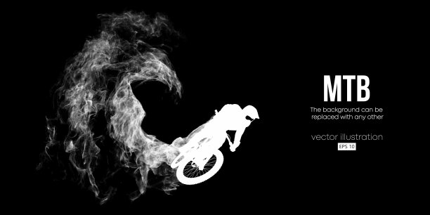 一个蛾骑士的抽象剪影，人正在做一个技巧，孤立的黑色背景。山地自行车运动交通工具。矢量图图片下载