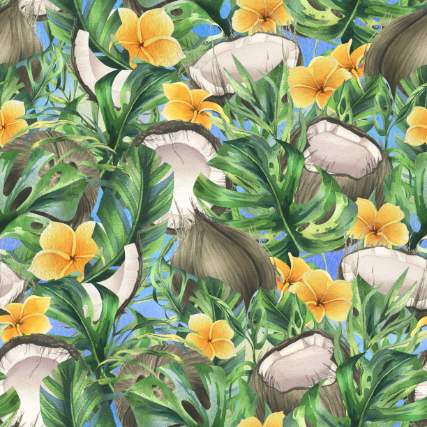 椰子整体，半和块明亮，绿色，热带棕榈叶和黄色的鸡蛋花。手绘水彩插图。在蓝天背景上的无缝图案图片下载