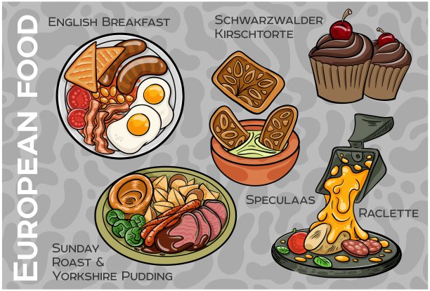 受欢迎的西欧和中欧食品套装。手绘和矢量。图片下载