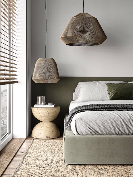 质朴的卧室内部，非洲大灯，绿色的床和木窗百叶窗背景。轻现代日本自然观。3 d渲染。高质量3d插图图片下载