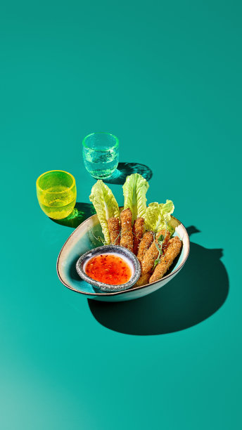 竖版16:9照片：亚洲小吃——甜辣酱炸鸡肉条，现代简约绿色单色，明亮光线硬阴影图片下载
