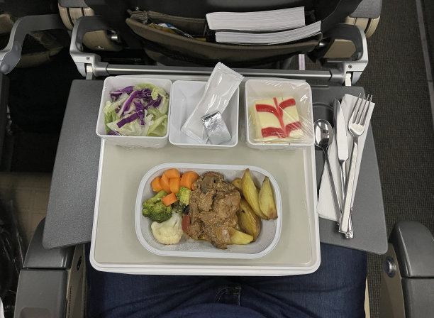 经济舱基本餐食的俯视图，包括土豆、牛肉和沙拉。经济舱的托盘里有食物。图片下载