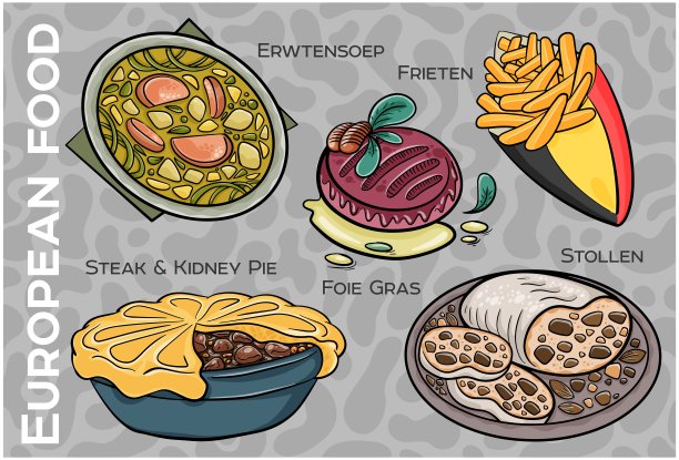 受欢迎的西欧和中欧食品套装。手绘和矢量。图片下载