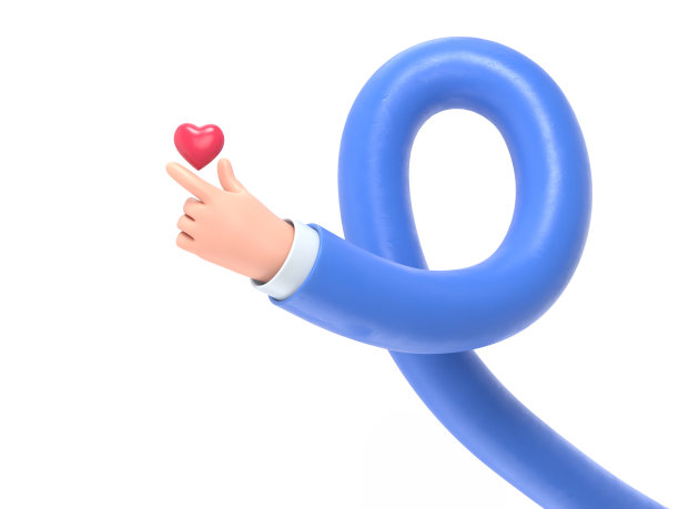 卡通手势图标模型。风格化卡通3D渲染手势代表手指心的象征，爱的信息。白色背景3D渲染。长臂概念。图片下载