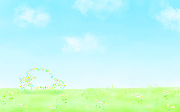 一幅水彩画，描绘了一辆以鲜花在田野中奔跑的汽车的生态形象。图片下载