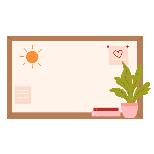 黑板上有太阳、花盆里的花和一颗心的图案。办公书写板。学校书写板图片下载