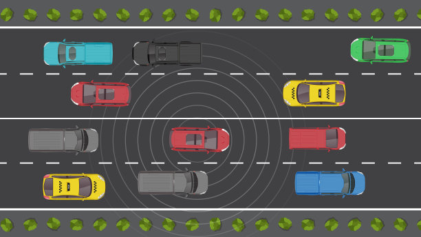 具有自动传感器安全感知的汽车俯视图平面图图片下载