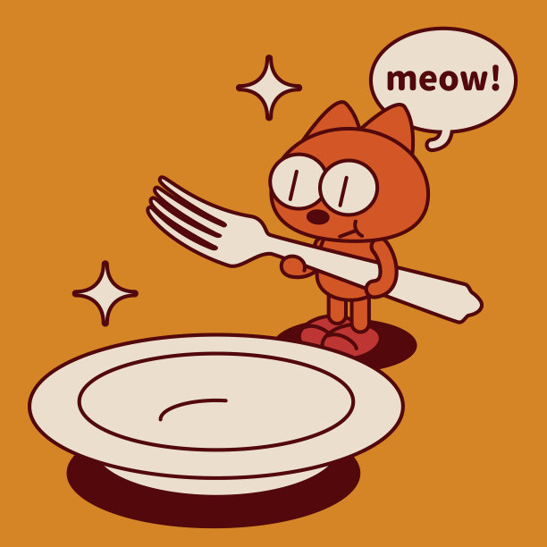 一只古怪而可爱的小猫拿着一把大叉子，站在一个空盘子前图片下载