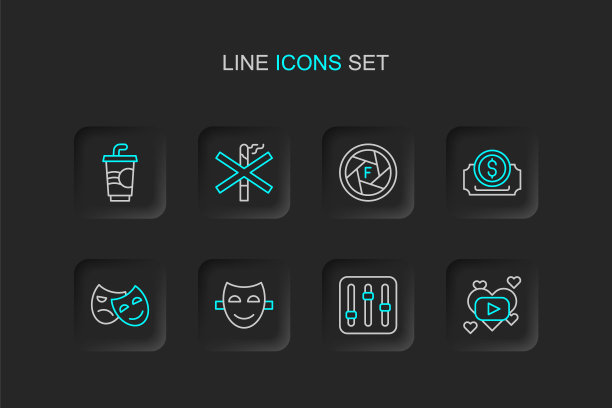 产品系列:浪漫电影，混音控制器，喜剧戏剧面具，悲剧面具，电影票，相机快门，无烟区，带水图标的纸玻璃。向量图片下载