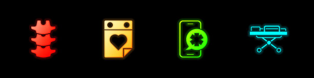 设置人体脊柱，医生预约，紧急电话和担架图标。向量图片下载