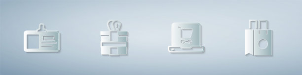 设置标识牌，礼品盒，购物车屏幕笔记本电脑和纸质购物袋。纸艺风格。向量图片下载