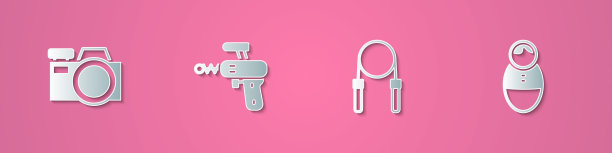 集剪纸相机，射线枪，跳绳和Tumbler娃娃玩具图标。纸艺风格。向量图片下载