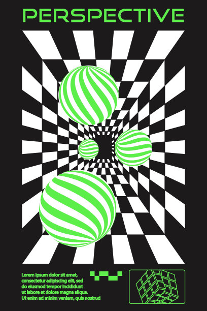 几何框架与几何元素在黑色和白色和明亮的绿色颜色。抽象的背景，模板，赛博朋克元素在时尚的迷幻风格。2000年的复古未来美学。图片下载