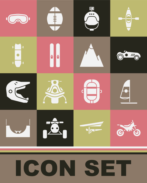 集山地自行车，风帆冲浪，复古运动赛车，头盔和动作相机，滑雪棒，长板滑板，护目镜和山脉图标。向量图片下载