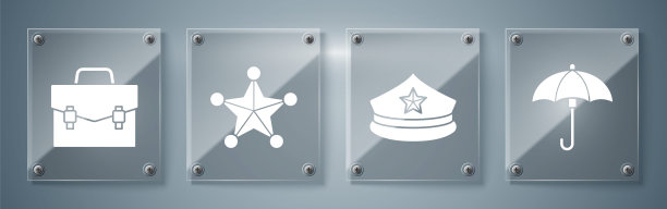 套装雨伞，带帽徽的警帽，六角警长和公文包。方形玻璃板。向量图片下载