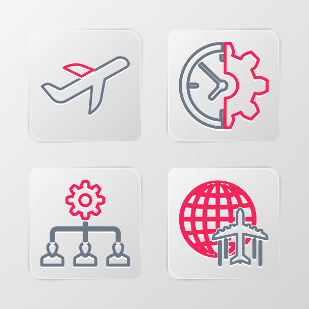 设置线地球与飞行飞机，领导管理，时钟和齿轮和飞机图标。向量图片下载