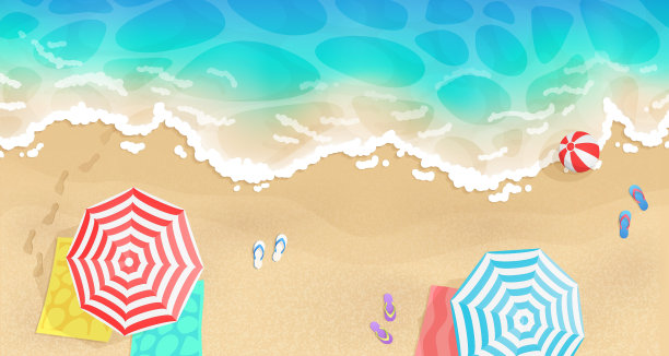 俯瞰卡通大海，夏日沙滩，海边有遮阳伞，毛巾和人字拖，凉鞋，鞋子，蓝色的海浪。矢量插图卡，党，设计，传单，横幅，网络，广告，促销图片下载