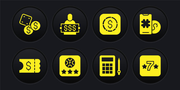 集彩票，在线扑克桌游戏，宾果卡，硬币钱与美元，赢家持有奖品，赌场老虎机和游戏骰子图标。向量图片下载