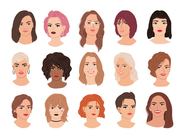 女性角色设置。美丽的肖像年轻女子与不同的发型孤立在白色的背景图片下载