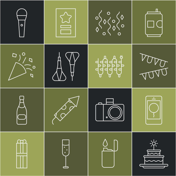 设置线蛋糕与燃烧的蜡烛，移动生日信息，嘉年华花环旗帜，节日五彩纸屑，飞镖箭，卡拉ok麦克风和圣诞灯图标。向量图片下载