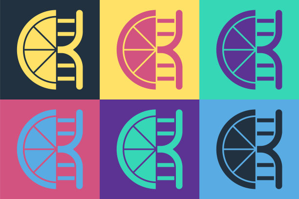 波普艺术转基因柑橘水果图标孤立的颜色背景。切开的橙子。健康的生活方式。转基因水果。向量图片下载